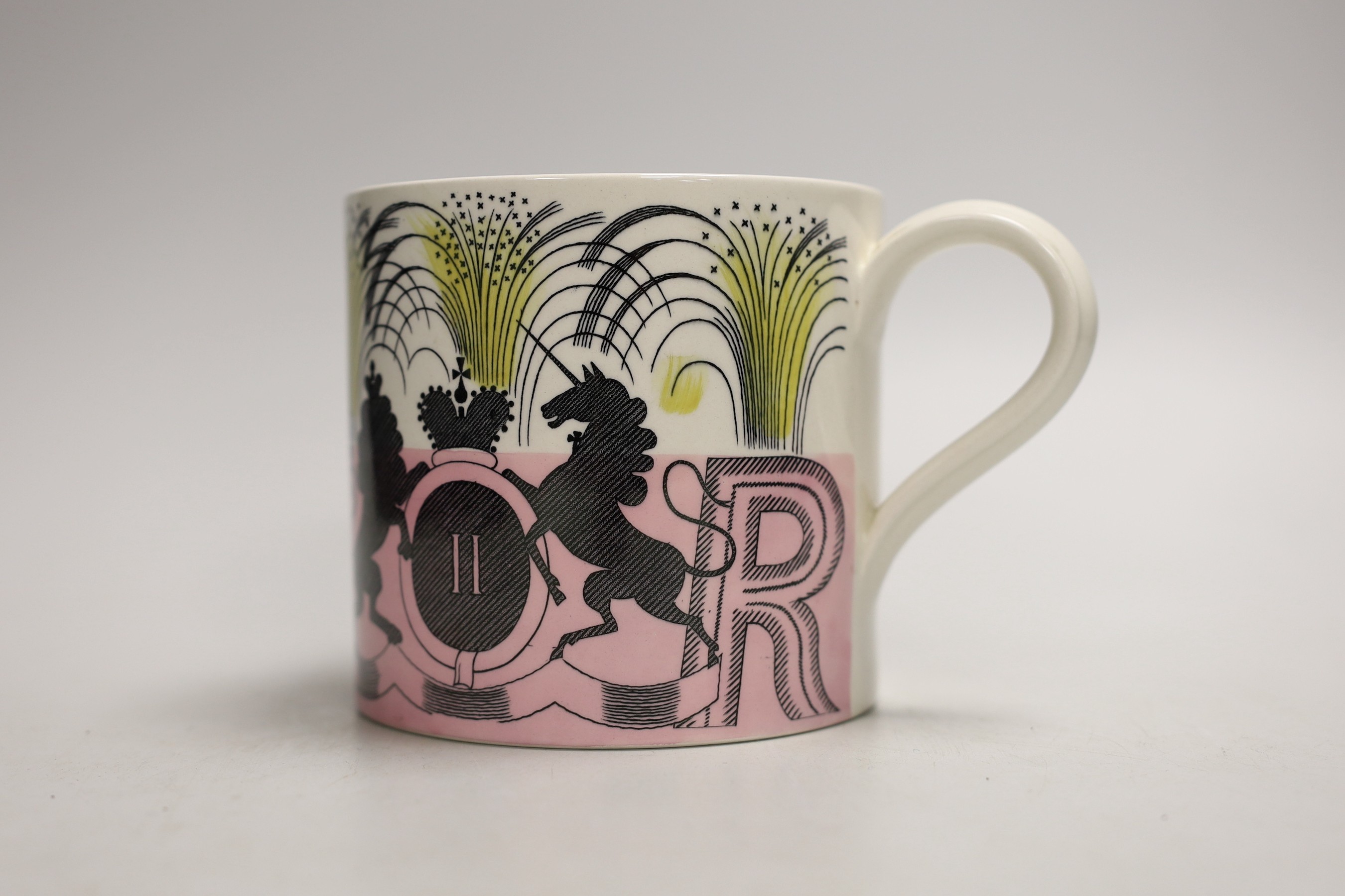 A Queen Elizabeth II coronation commemorative 1953 mug designed by Eric Ravilious